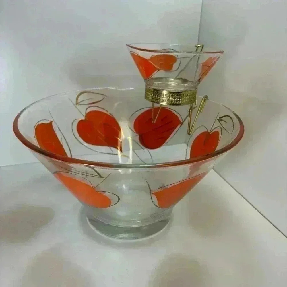 Vintage 50s Anchor Hocking glass Orange Leaf chip and  dip bowl set